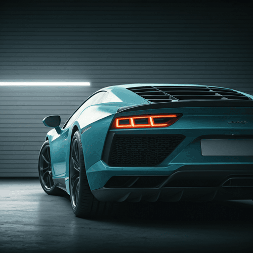 Close-up of a luxury modern sports car in a high-end minimalist white garage